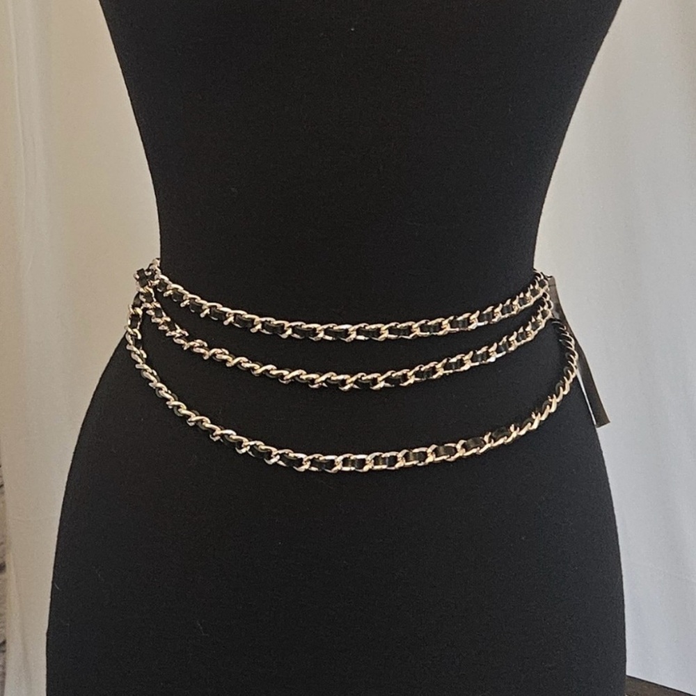 WHBM black leather and gold Chain Belt